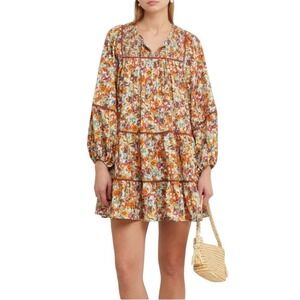 Kourt Women's Yellow Orange Floral Poplin Mini Sun Dress Retro Style XS